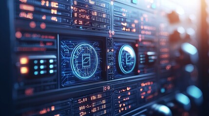 Fototapeta premium Computer screen illuminated with blue and red light creating a striking visual contrast in darkness