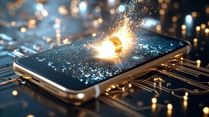 Explosive technology innovation phone displaying spark effects digital environment 3d visualization futuristic concept for enhanced engagement