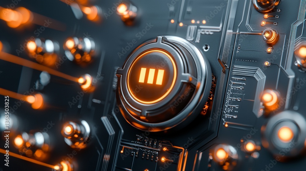 Poster technological innovation button activation digital circuit board close-up image futuristic environme