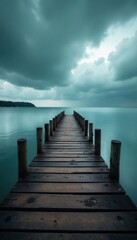 Obraz premium Rustic pier stretches into calm water under a brooding sky , ocean pier, calm water