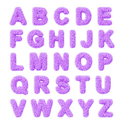 3d purple fur alphabet. Fluffy font with animal hairy texture. English abc furry curly wavy letters, fuzzy wool type for fun education game kids. Fashion typeface, isolated render set. 3D illustration