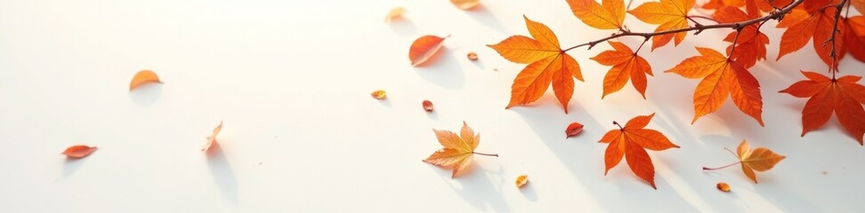 Naklejka premium Burnt orange leaves fall gently on pristine white surface, delicate, autumn