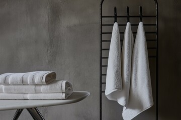 Neatly stacked white towels in a modern bathroom. Soft, clean, and fluffy textiles for spa, home, and hotel concepts. Wellness, relaxation, and hygiene-related content