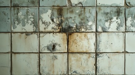 Aged, decaying square tiles, mottled green, brown, and white. Ideal for backgrounds needing a grunge, weathered, or abandoned aesthetic.