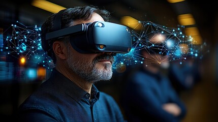 Man wearing a virtual reality headset immersed in a gaming environment at home