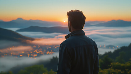Cinematic 4K Film Shot of a Man Gazing at a Sunset Over Foggy Mountains and a Cityscape