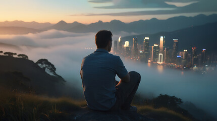 Cinematic 4K Film Shot of a Man Gazing at a Sunset Over Foggy Mountains and a Cityscape