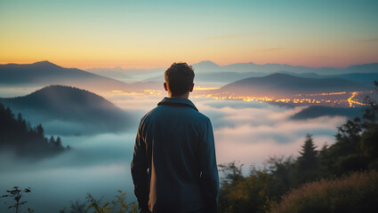 Cinematic 4K Film Shot of a Man Gazing at a Sunset Over Foggy Mountains and a Cityscape