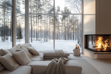 Obraz premium Cozy living room with large windows overlooking a snowy forest and a fireplace.