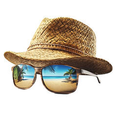 Straw hat and sunglasses reflecting beach scene.
