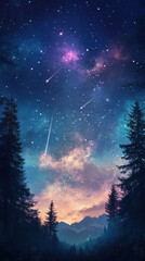 Naklejka premium Night sky with shooting stars over a forest