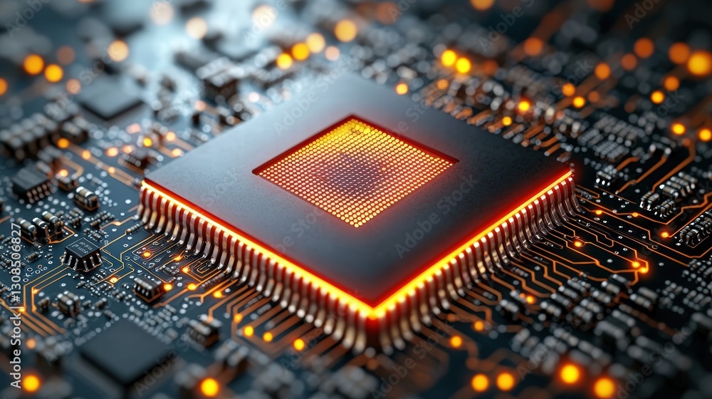 Poster cpu chip on circuit board displaying advanced technology and high-performance computing capabilities