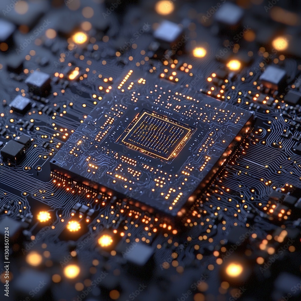Poster illuminated circuit board with active connections displaying intricate pathways of technology