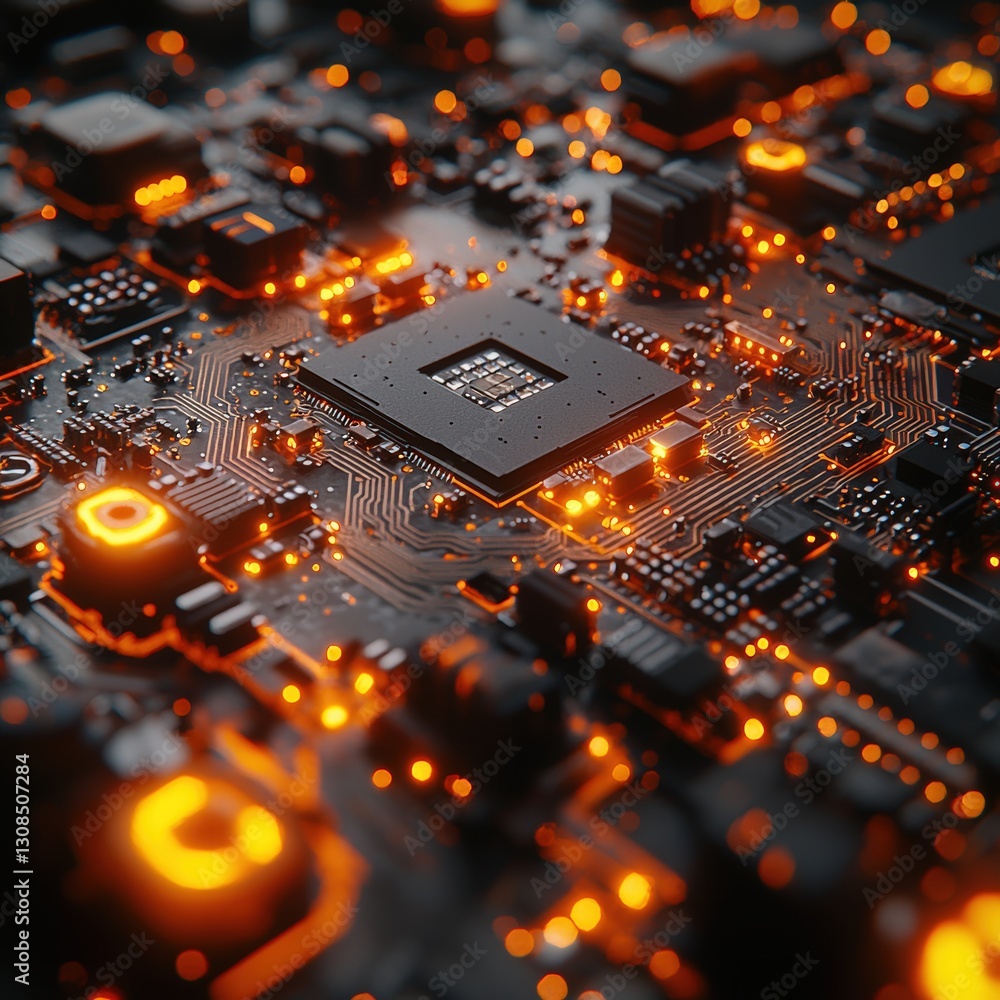 Poster circuit board featuring vibrant yellow light signifying active functionality in electronic devices