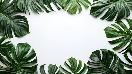 Green Monstera Leaves Frame on White Background