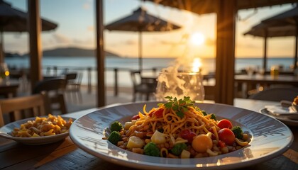 Delicious Pasta Dish with Fresh Vegetables at Sunset Beach Restaurant