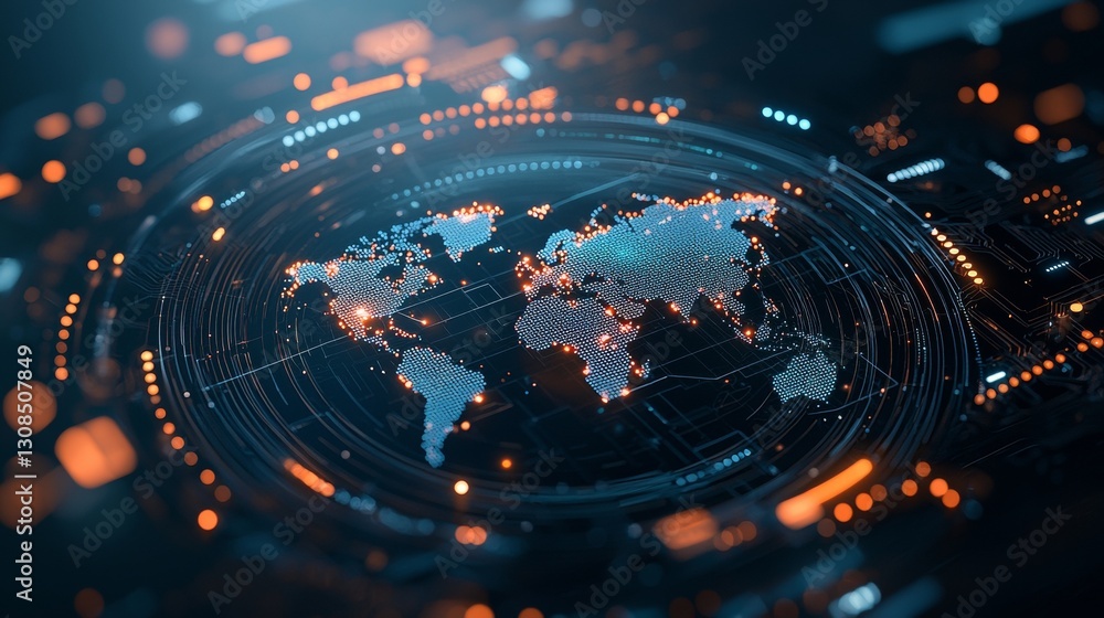 Poster global connectivity digital world map visualization data representation technology environment futur