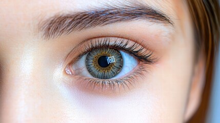 Obraz premium Close-up of a woman's eye capturing intricate details and unique reflections in the iris
