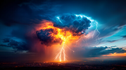 A dramatic thunderstorm showcases vibrant lightning striking through a colorful cloud, illuminating the dark sky with fiery hues.