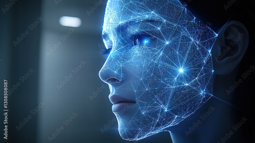 Poster artistic representation of a woman's face surrounded by a complex network of interconnected lines