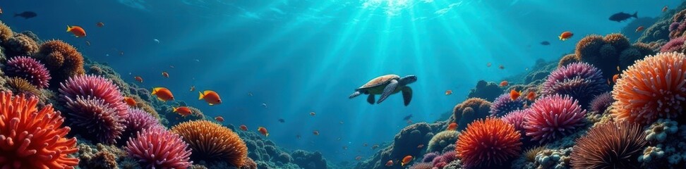 Fototapeta premium A healthy coral reef explodes with color; various fish and a graceful sea turtle swim amidst the polyps , aquatic, ecosystem, wildlife