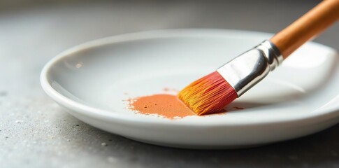 Paintbrush resting against a white ceramic plate, paintbrush, art supply