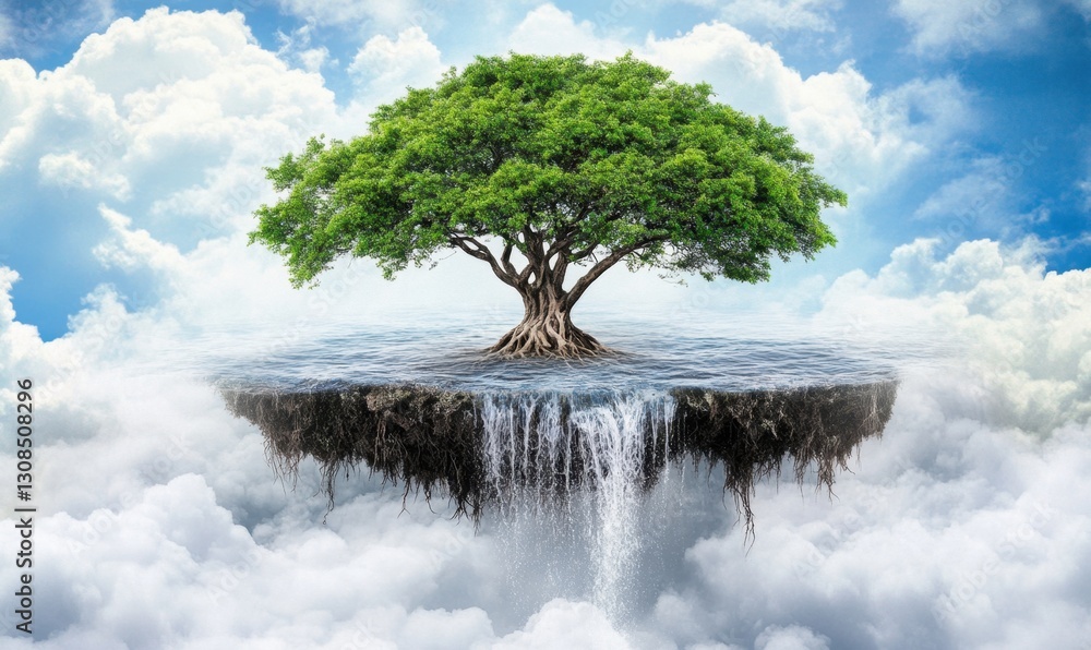 Poster lush tree on floating island with waterfall amidst clouds
