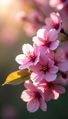 Pink blossoms in full bloom, sunlight dappling through leaves, vibrant, blossom