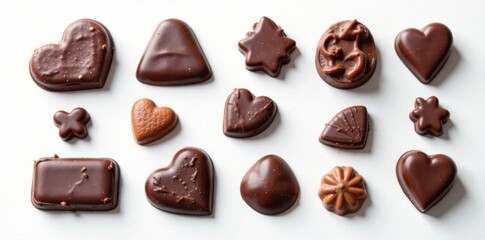Obraz premium Assorted dark chocolate shapes, pure white backdrop , chocolate pieces, cacao