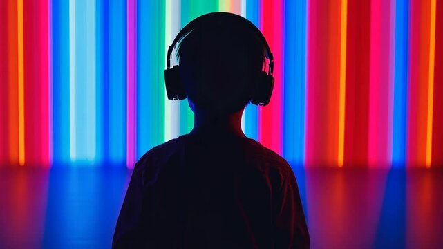 Child enjoying vibrant light display with headphones at art installation in urban setting during evening hours