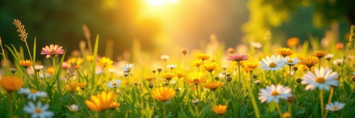 Sunlit meadow ablaze with wildflowers in full bloom, green, wildflowers, blossom