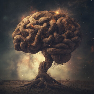 Glowing brain floating in the night sky like a jellyfish