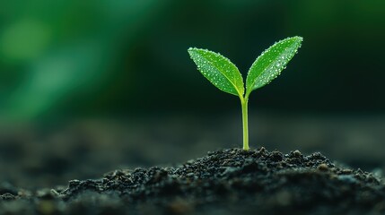 Fresh Green Seedling Surrounded by Dark Soil with Dew Drops, Symbolizing New Life and Growth in Nature