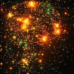 Complex circuit with many lights illuminating the pathways of technology and innovation in electronics