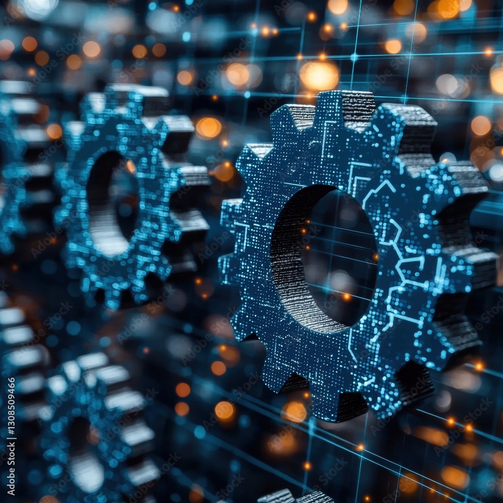Poster interconnected gear wheel overlaid with a complex circuit design creating a dynamic visual contrast
