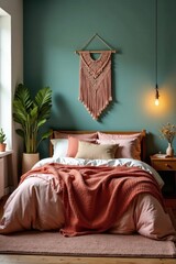 Cozy bohemian bedroom, plush textiles, macrame wall hanging, vintage, cozy