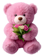 High-Definition Fluffy Teddy Bear with Bouquet - PNG