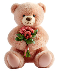 High-Definition Fluffy Teddy Bear with Bouquet - PNG