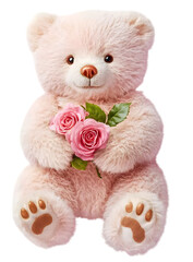 High-Definition Fluffy Teddy Bear with Bouquet - PNG