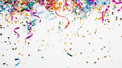 Bright cheerful New Year's white background with ribbons of multi-colored serpentine ribbons and confetti.
