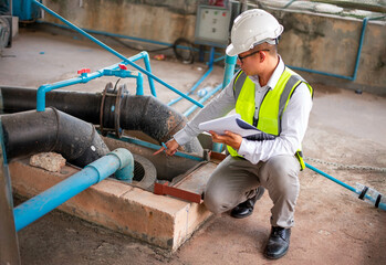 A professional plumbing engineer is seriously checking the water filter to make sure it can filter clean water according to the standard.
