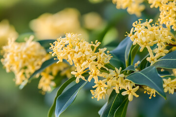 Yellow osmanthus flowering bush in full bloom, with vibrant petals illuminated by soft natural sunlight in a lush green setting
