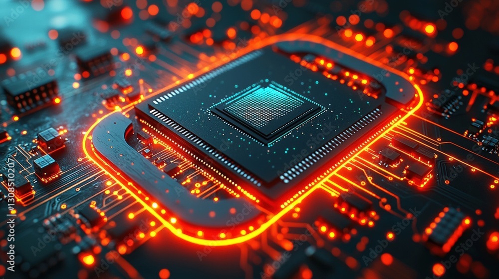 Poster circuit board with vibrant red light emphasizing key electronic components in technology