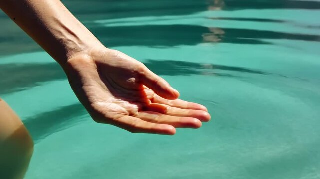 Close-up video of a hand hovering over turquoise water, capturing ripples. Shot from a low angle, emphasizing tranquility and connection.