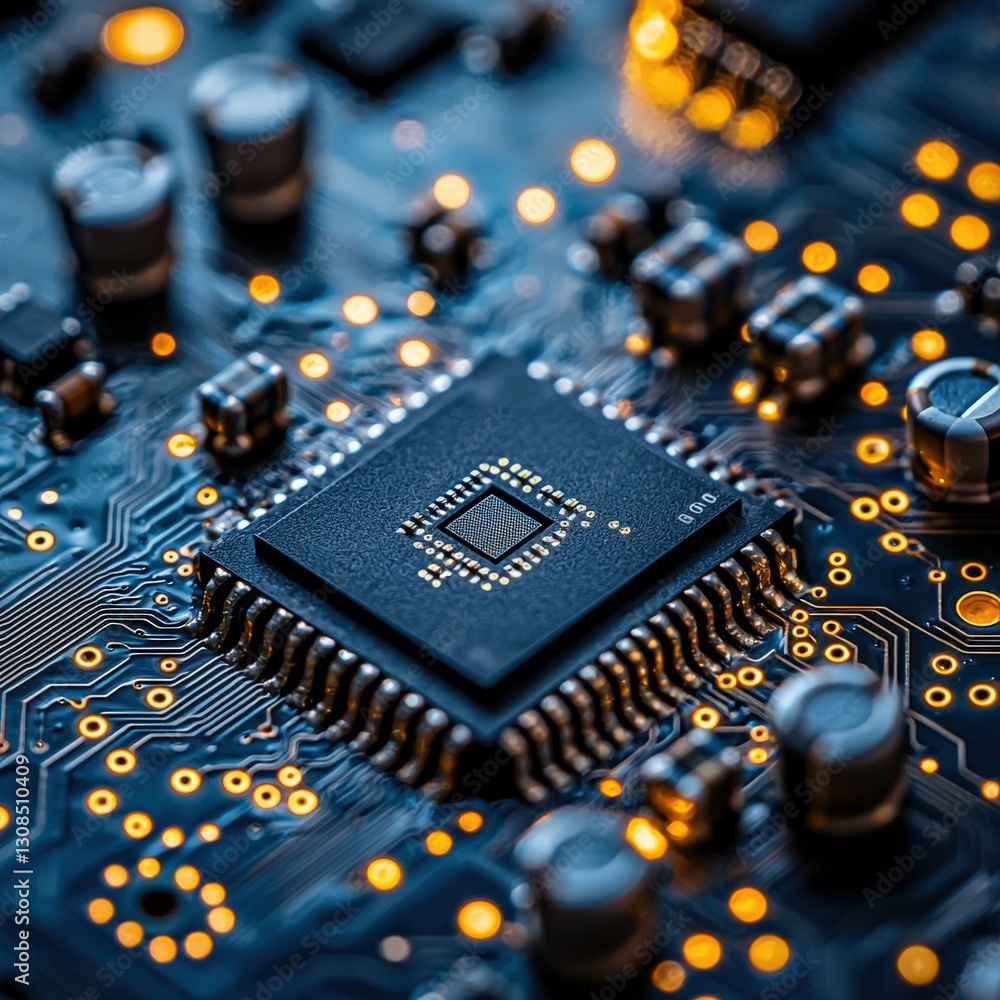 Poster circuit board showcasing microprocessor component highlighting computing power and technology