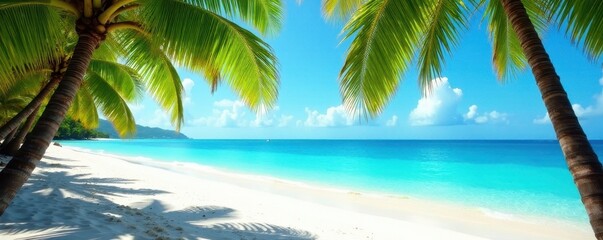 Idyllic tropical beach; vibrant palm leaves, azure ocean, white sand, ocean, stunning
