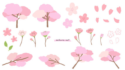 Cherry blossom and sakura tree with petals, cute simple hand drawn illustration set with textures / 桜と桜の木と花びら、テクスチャのあるかわいいシンプルな手描きイラストセット
