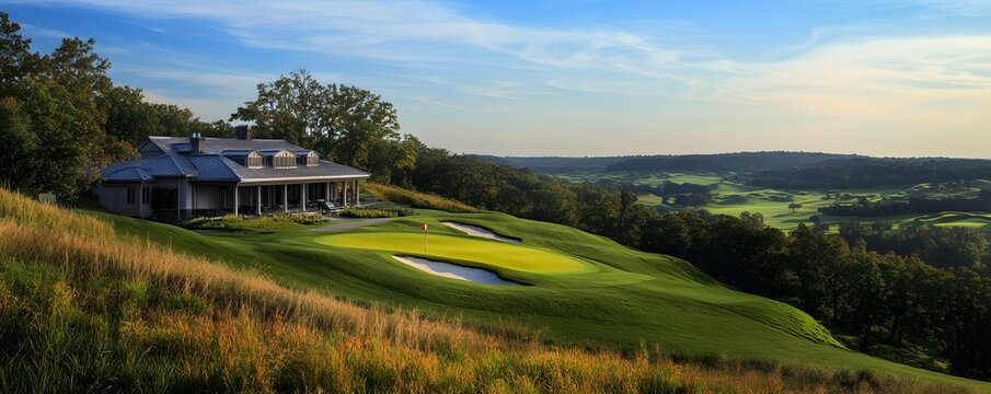 A scenic view of a golf course and accompanying clubhouse