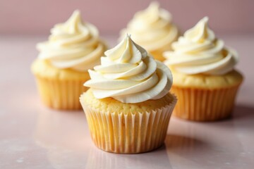Fluffy vanilla cupcakes, swirls of whipped cream , top view, delicious, studio shot