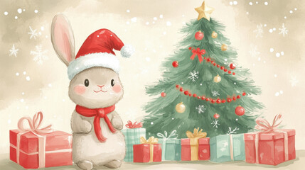 Watercolor Christmas illustration with bunny, tree, and gifts